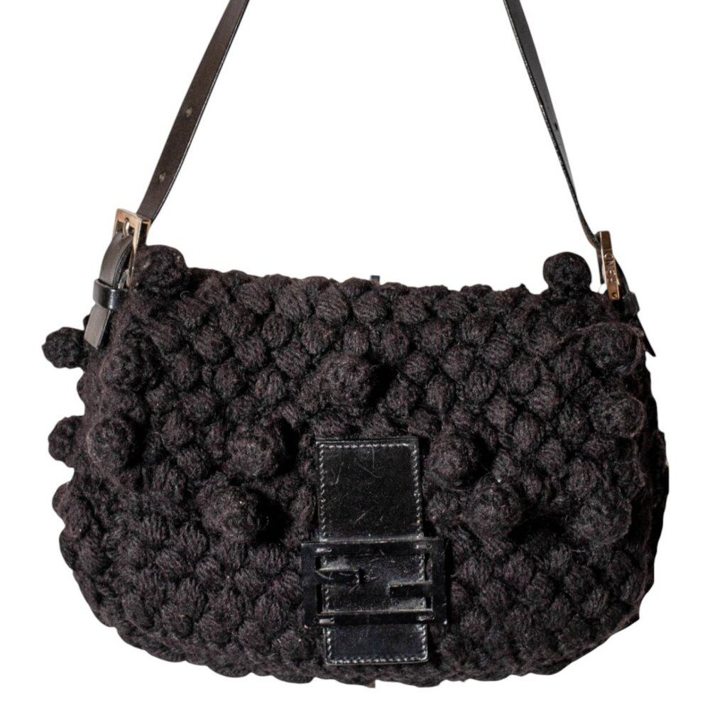 FENDI BLACK KNIT WOOL CROCHET BAGUETTE